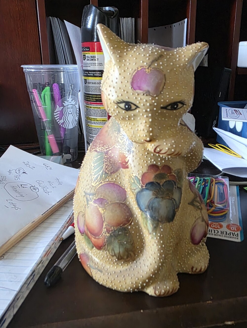 Hand-Painted Gold Cat Figurine with Multicolor Floral Accents